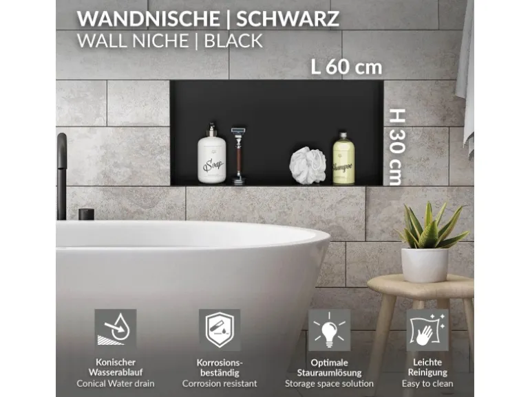 LuxeBath Wandnische aus Edelstahl 60x30x10 cm Schwarz Duschnische Einbauregal