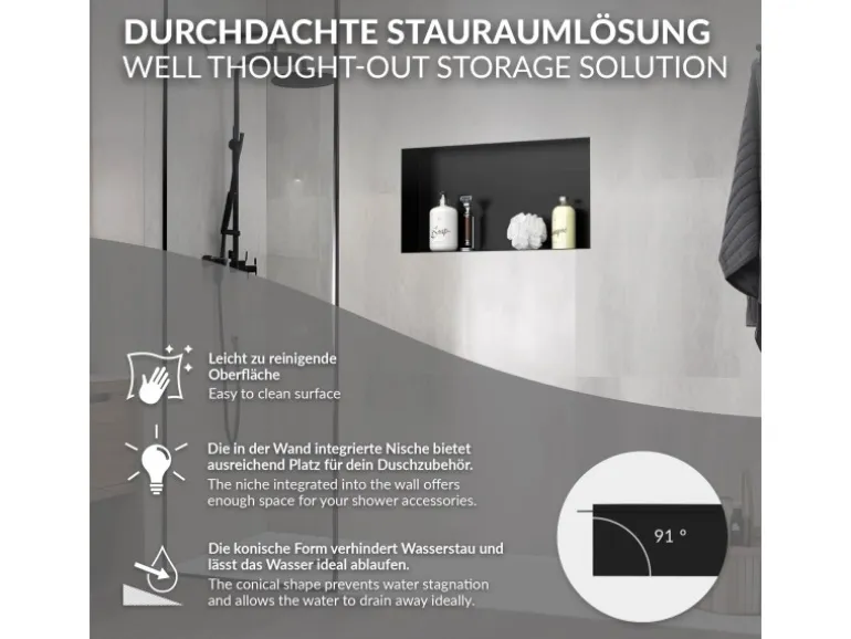LuxeBath Wandnische aus Edelstahl 60x30x10 cm Schwarz Duschnische Einbauregal