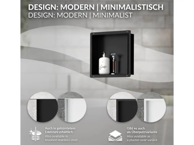LuxeBath Wandnische aus Edelstahl 30x30x10 cm Schwarz Duschnische Einbauregal
