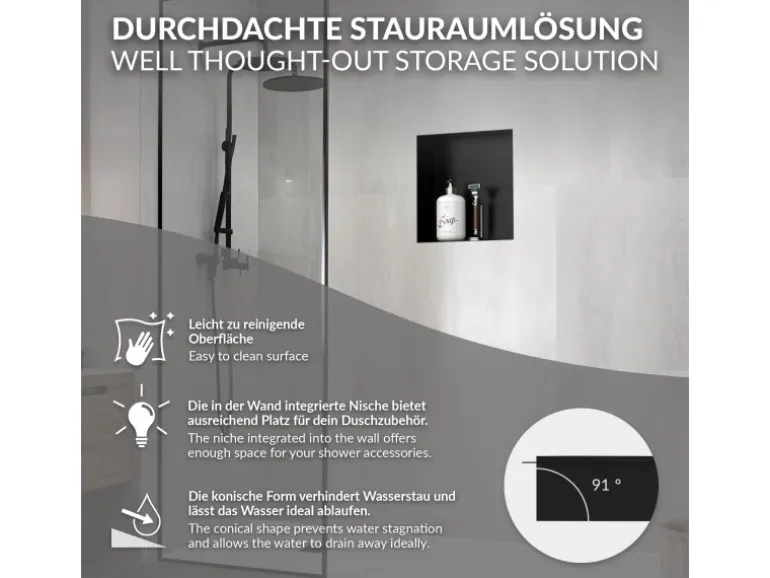 LuxeBath Wandnische aus Edelstahl 30x30x10 cm Schwarz Duschnische Einbauregal