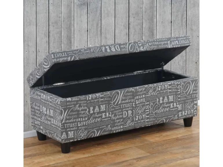 MCW Aufbewahrungs-Truhe Kriens Stoff/Textil 45x114x45cm Schriftzug Grau
