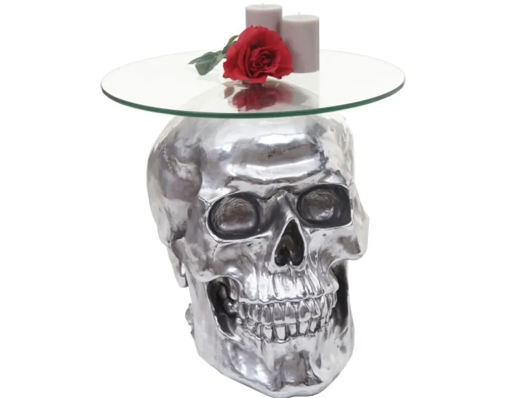 MCW Beistelltisch Totenkopf A19 Polyresin Glastisch Wohnzimmertisch Silber 52x55x55cm
