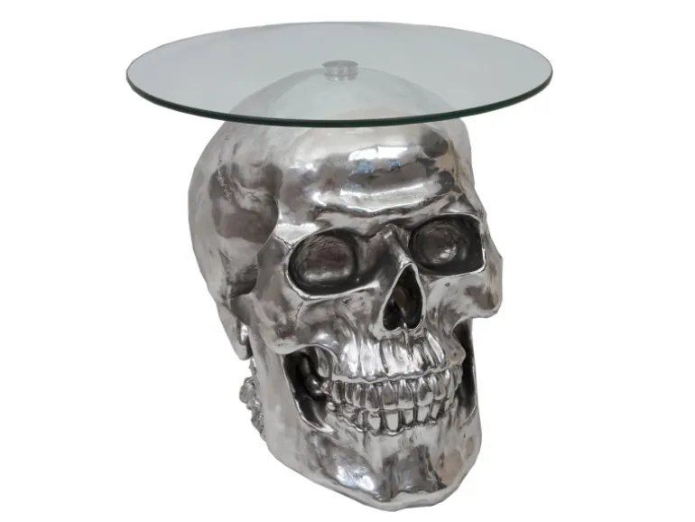 MCW Beistelltisch Totenkopf A19 Polyresin Glastisch Wohnzimmertisch Silber 52x55x55cm