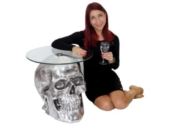 MCW Beistelltisch Totenkopf A19 Polyresin Glastisch Wohnzimmertisch Silber 52x55x55cm