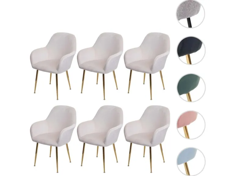 MCW Esszimmerstuhl F18 6er-Set Samt Creme-Weiß Goldene Beine