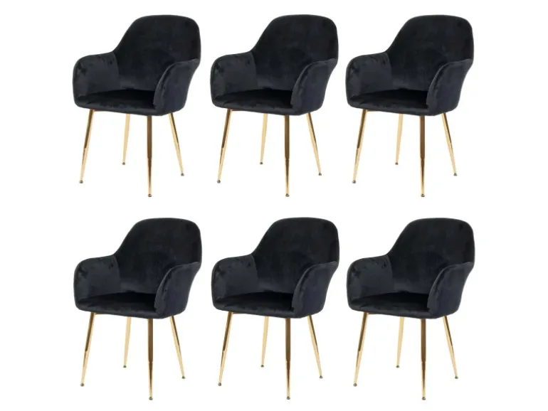 MCW Esszimmerstuhl F18 6er-Set Samt Schwarz Goldene Beine