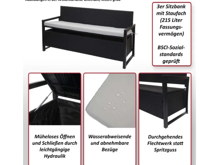MCW Poly-Rattan 3er Sitzbank F39 anthrazit Kissen Creme