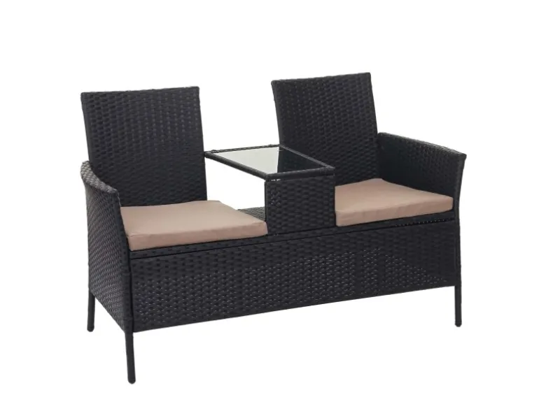 MCW Poly-Rattan Sitzbank mit Tisch E24 Schwarz Kissen Creme