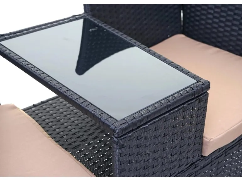 MCW Poly-Rattan Sitzbank mit Tisch E24 Schwarz Kissen Creme