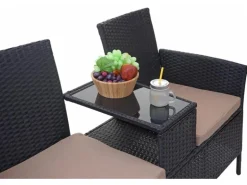 MCW Poly-Rattan Sitzbank mit Tisch E24 Schwarz Kissen Creme