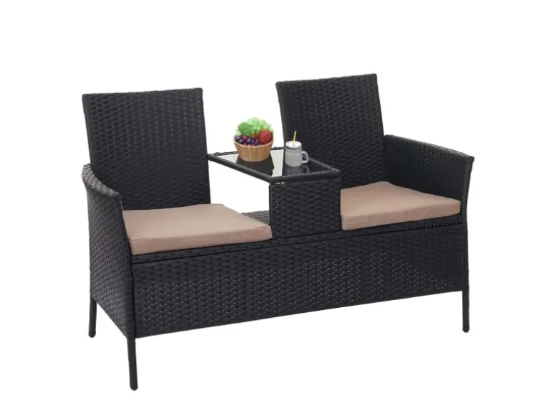 MCW Poly-Rattan Sitzbank mit Tisch E24 Schwarz Kissen Creme