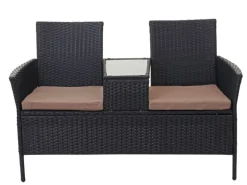 MCW Poly-Rattan Sitzbank mit Tisch E24 Schwarz Kissen Creme