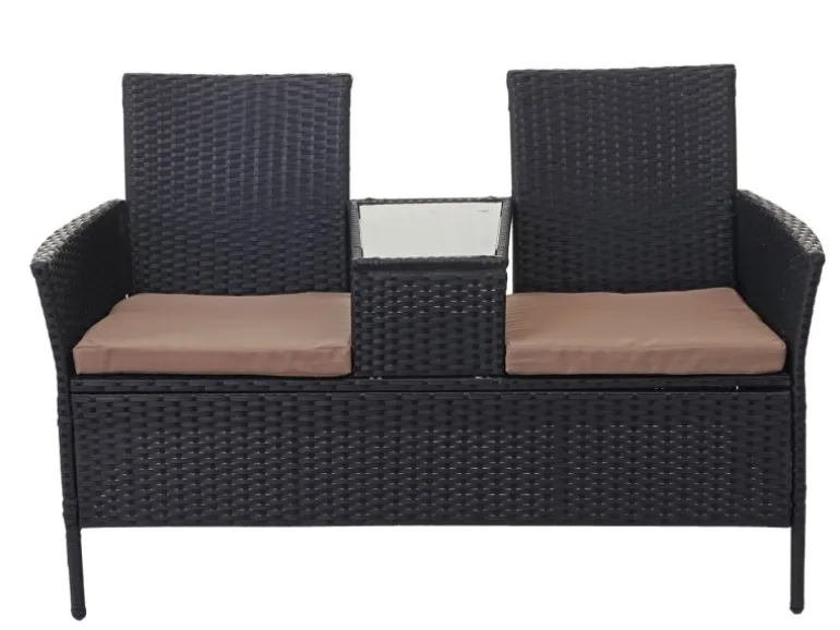 MCW Poly-Rattan Sitzbank mit Tisch E24 Schwarz Kissen Creme
