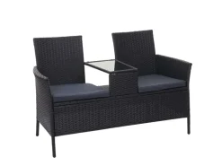 MCW Poly-Rattan Sitzbank mit Tisch E24 Schwarz Kissen Dunkelgrau