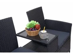 MCW Poly-Rattan Sitzbank mit Tisch E24 Schwarz Kissen Dunkelgrau