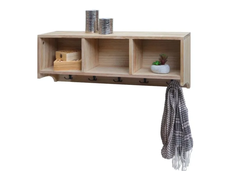 MCW Wandregal K49 Garderobe Wandgarderobe Regal 3 Staufächer 5 Haken 30x80x20cm Holz Naturbraun