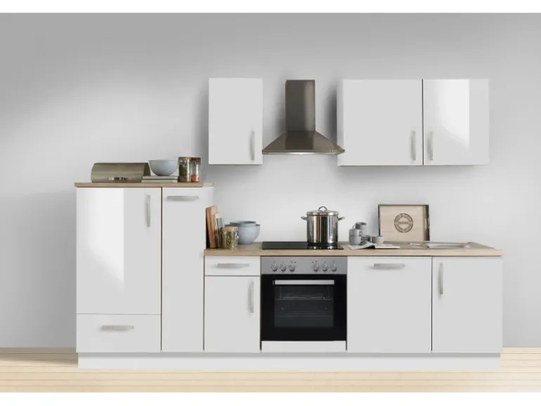 Menke Küchenzeile White Premium 300 cm Lack Weiß Hochglanz-Asteiche Nachbildung