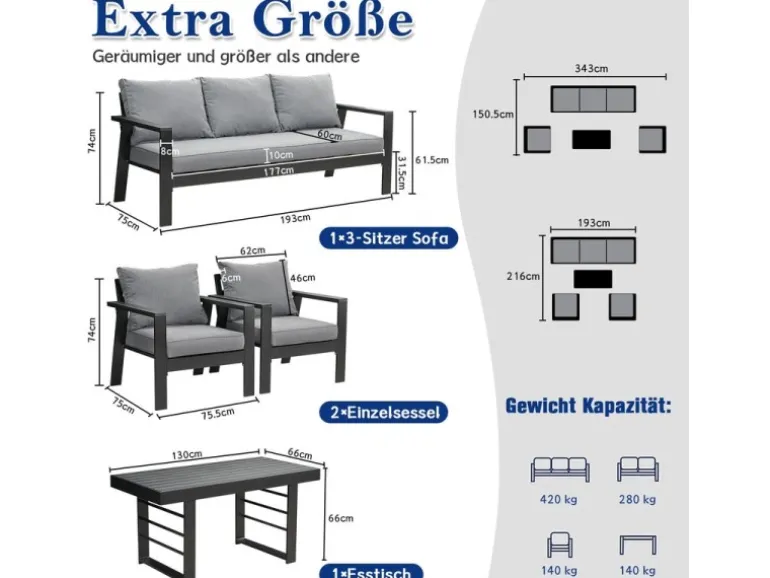 MeXo Aluminium Dining Lounge Outdoor mit Esstisch für 5 Personen Grau