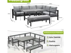 MeXo Aluminium Lounge-Set mit Esstisch für 8 Personen Schwarz