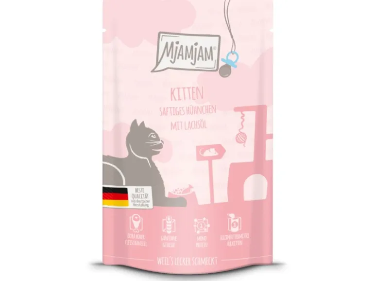 Mjamjam Nassfutter Quetschie Katzen Saftiges Hühnchen mit Lachsöl 125 g