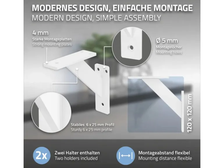 ML-Design 4 Stück Regalhalterung 120 x 120 mm Weiß Aluminium Schwebende