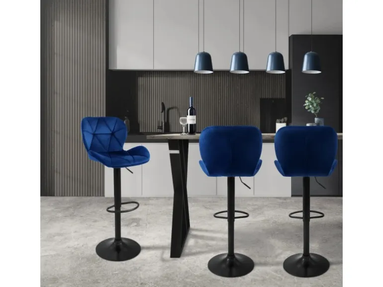 ML-Design Barhocker 2Er Set aus Samt Blau mit Rückenlehne und Fußstütze