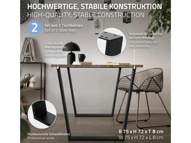 ML-Design 2Er Set Tischbeine Trapez 75x72 cm V-Form Schwarz Profil 8x2 cm Stahl