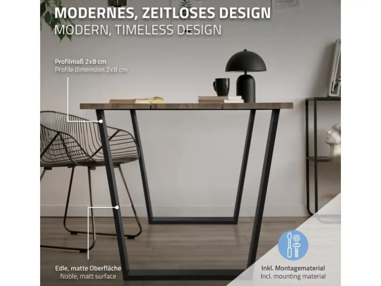ML-Design 2Er Set Tischbeine Trapez 75x72 cm V-Form Schwarz Profil 8x2 cm Stahl