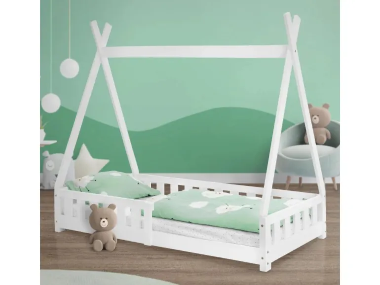 ML-Design Kinderbett Tipi 80x160 cm Weiß mit Rausfallschutz Lattenrost