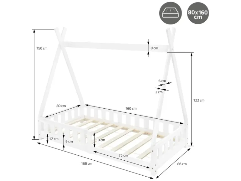ML-Design Kinderbett Tipi 80x160 cm Weiß mit Rausfallschutz Lattenrost