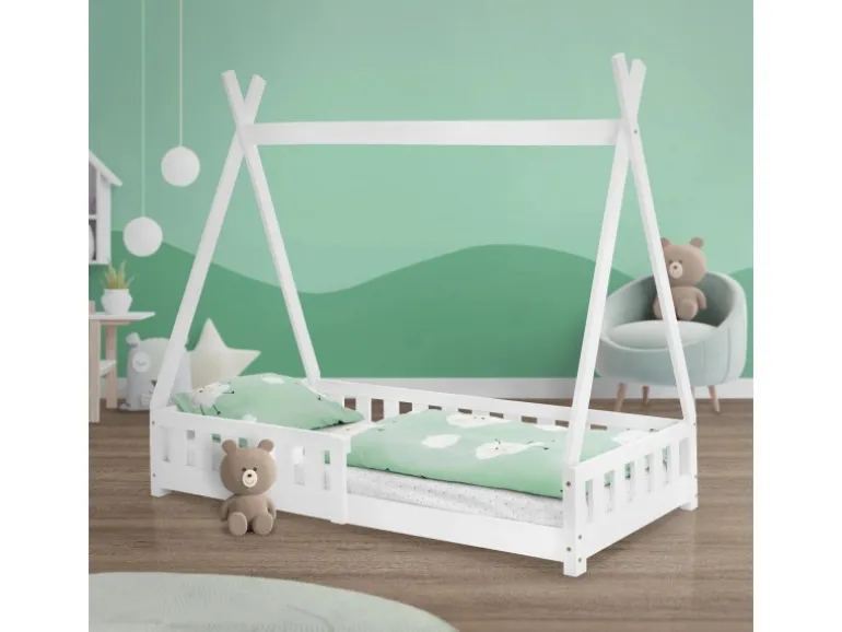 ML-Design Kinderbett Tipi 80x160 cm Weiß mit Rausfallschutz Lattenrost