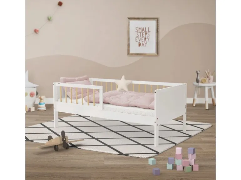ML-Design Kinderbett 70x140 cm Weiß-Natur Einzelbett mit Lattenrost