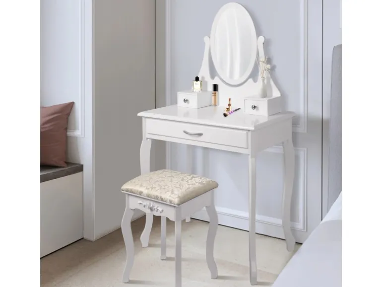 ML-Design Schminktisch Weiß mit Spiegel Hocker 3 Schubladen 75x140x40 cm aus MDF