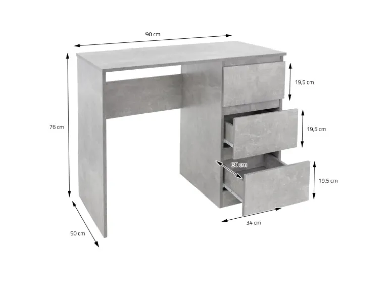 ML-Design Schreibtisch mit 3 Schubladen 90x76x50cm Grau Arbeitstisch Beton-Optik