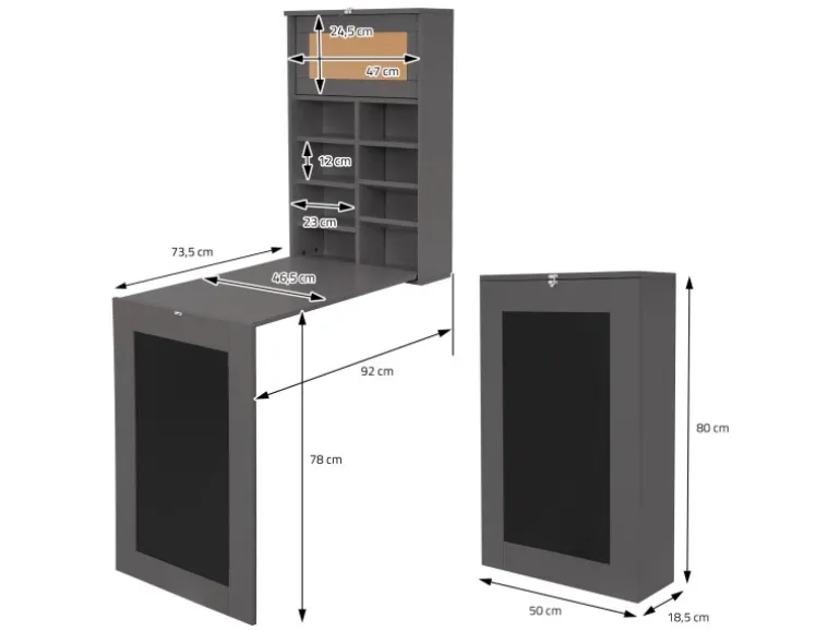 ML-Design Wandtisch Klappbar Schreibtisch Grau mit Tafel 8 Fächern und Pinnwand
