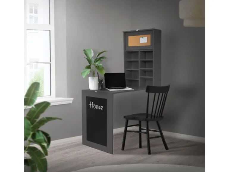 ML-Design Wandtisch Klappbar Schreibtisch Grau mit Tafel 8 Fächern und Pinnwand