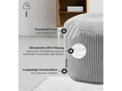 mokebo Pouf oder Sitzhocker aus Cord Der Faule Lenz Fußhocker in Grau mit EPS-Perlen Füllung