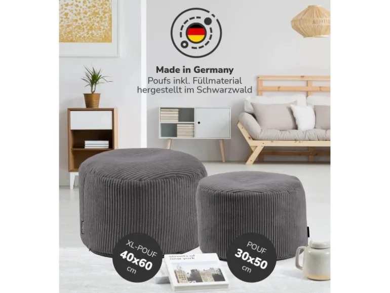 mokebo Pouf oder Sitzhocker aus Cord Der Faule Lenz Fußhocker in Anthrazit mit EPS-Perlen Füllung