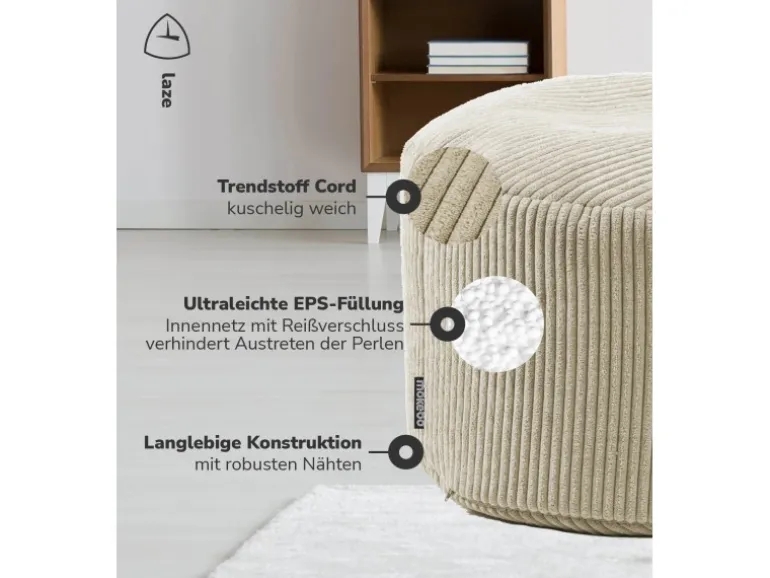 mokebo Pouf oder Sitzhocker aus Cord Der Faule Lenz Fußhocker in Beige mit EPS-Perlen Füllung
