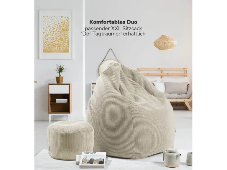 mokebo Pouf oder Sitzhocker aus Cord Der Faule Lenz Fußhocker in Beige mit EPS-Perlen Füllung