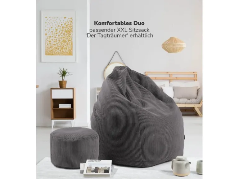 mokebo Pouf oder Sitzhocker aus Cord Der Faule Lenz Fußhocker in Anthrazit mit EPS-Perlen Füllung