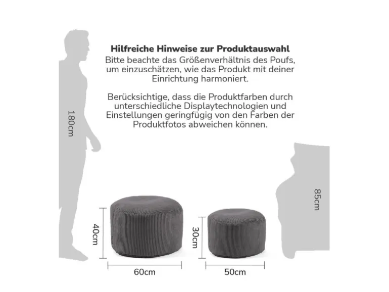 mokebo Pouf oder Sitzhocker aus Cord Der Faule Lenz Fußhocker in Anthrazit mit EPS-Perlen Füllung