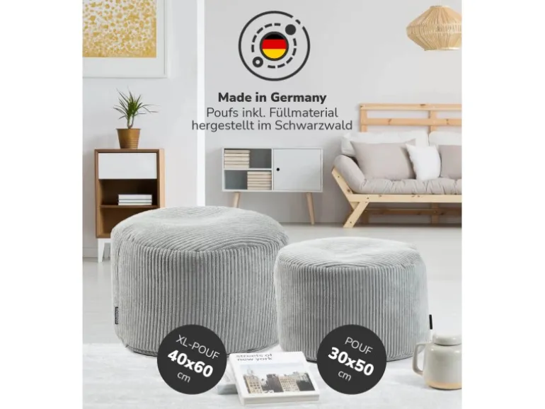 mokebo Pouf oder Sitzhocker aus Cord Der Faule Lenz Fußhocker in Grau mit EPS-Perlen Füllung