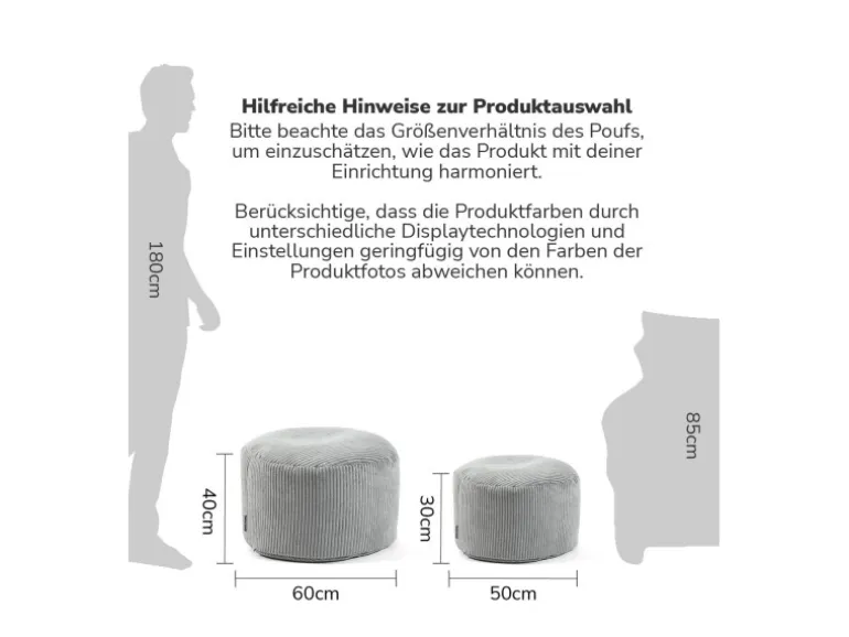 mokebo Pouf oder Sitzhocker aus Cord Der Faule Lenz Fußhocker in Grau mit EPS-Perlen Füllung