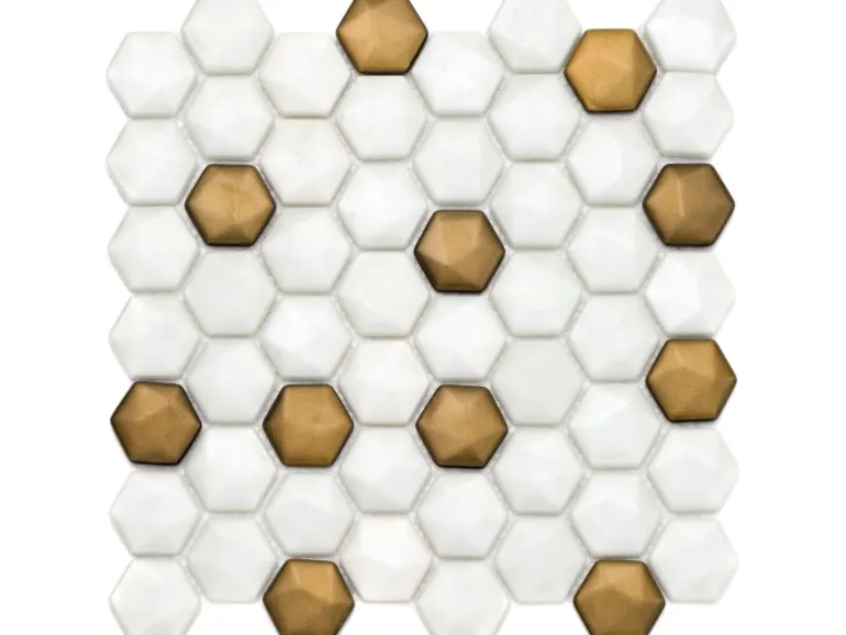 Mosaikmatte Ebru Hexagon Glas Weiß Gold 29 cm x 29 cm