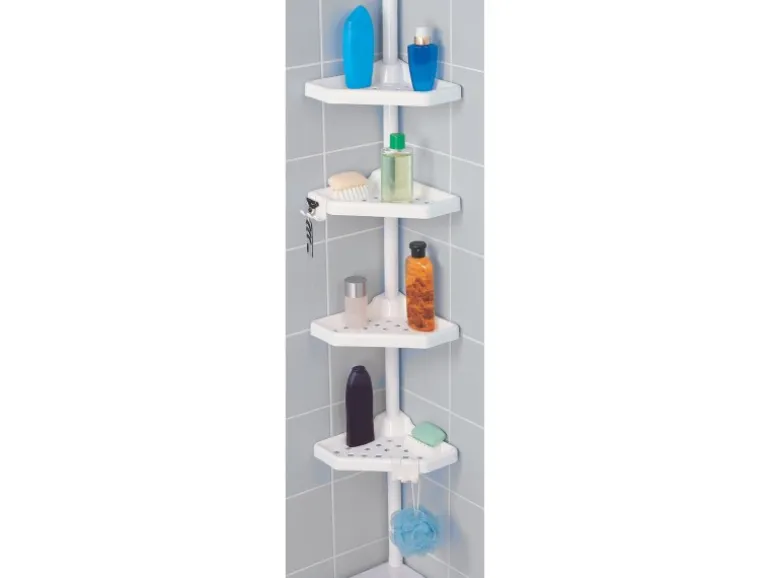 MSV Eck-Duschregal Kunststoff 4 Ablagen Höhenverstellbar 24 x 24 x 260 cm Weiß