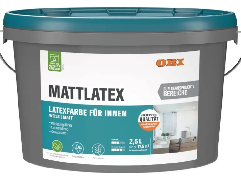 OBI Mattlatex Konservierungsmittelfrei Weiß-Matt 2,5 l