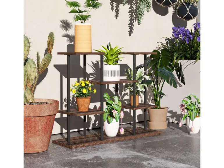 Outsunny Blumenständer Stahl Tannenholz Verkohlt 80L x 24B x 61,5H cm