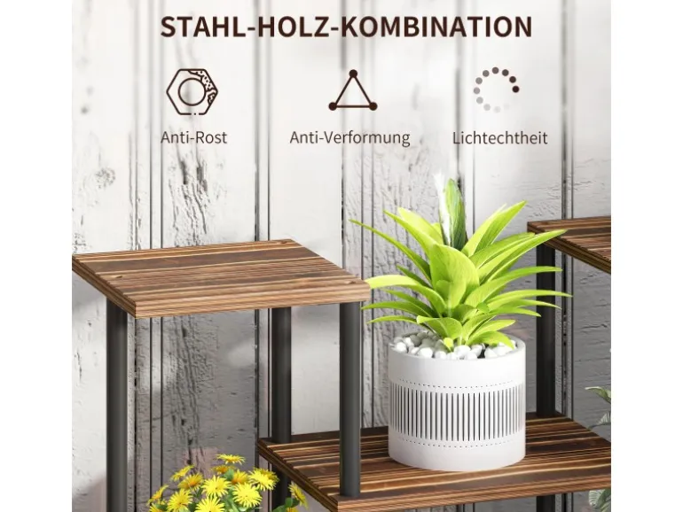 Outsunny Blumenständer Stahl Tannenholz Verkohlt 80L x 24B x 61,5H cm