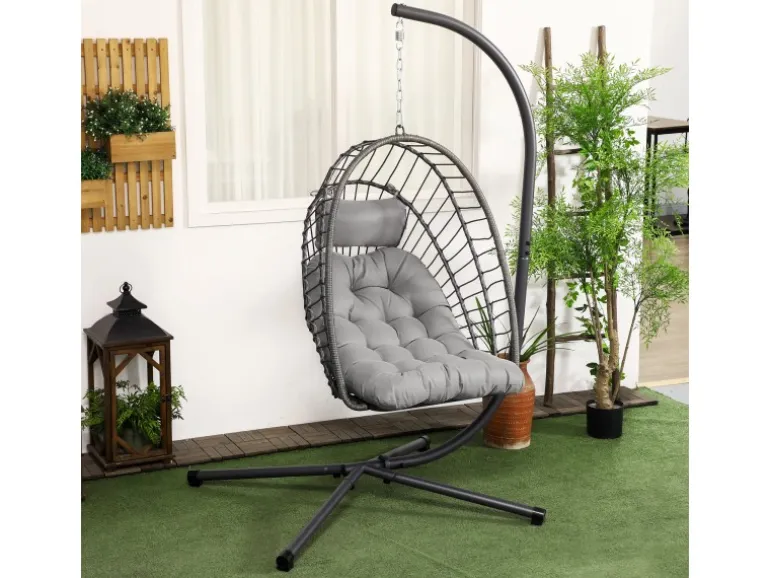 Outsunny Hängesessel Stahl PE Rattan Hellgrau 100L x 131B x 194H cm